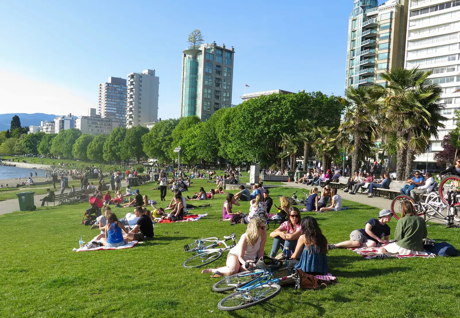 People relaxing on the grass in a sunny waterfront park near English Bay in Vancouver