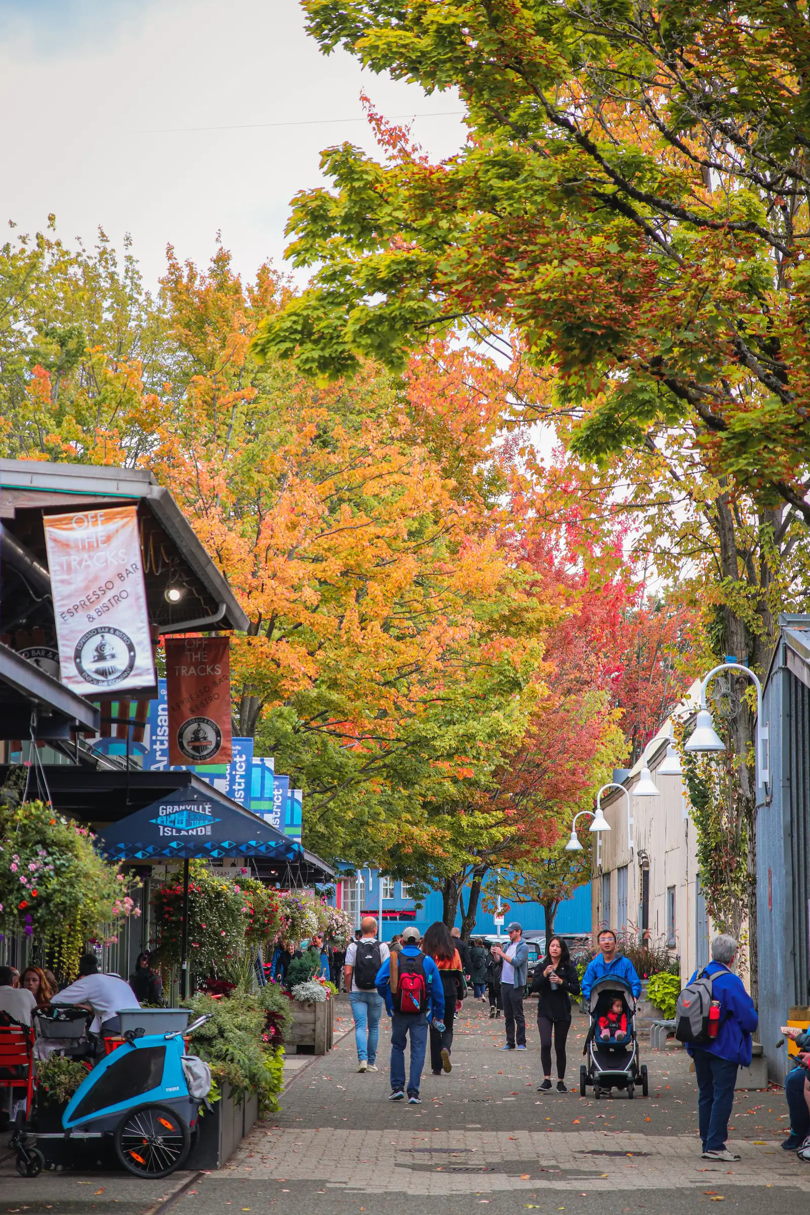 Autumn trees and shop signs along a pedestrian lane on Granville Island in Vancouver